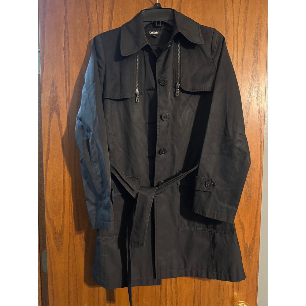 DKNY Donna Karan New York Black Trench Coat Belted Utility Jacket Womens XS